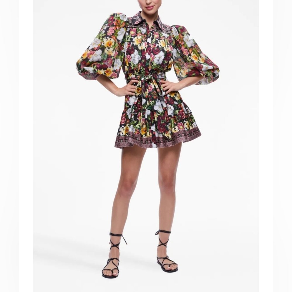 Alice + Olivia Black Floral Mini Dress with White, Yellow & Pink Blooms - Picture 9 of 15